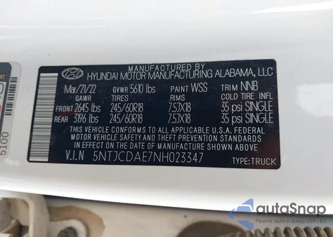 2022 Hyundai Santa Cruz Sel z USA, uszkodzony, nr VIN 5NTJCDAE7NH023347